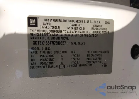 2007 GMC Sierra 1500 Slt из США, поврежденный, VIN 3GTEK13347G509557